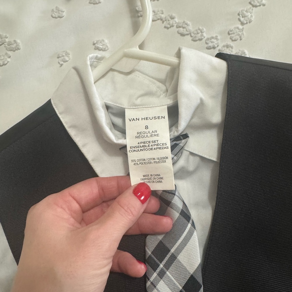 Van Heusen Charcoal Vest with White Shirt and Plaid Tie